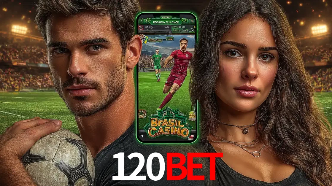 Homem segurando uma bola de futebol e uma mulher ao lado de um smartphone exibindo o jogo de apostas esportivas da 120bet. Faça seu palpite no cassino online.